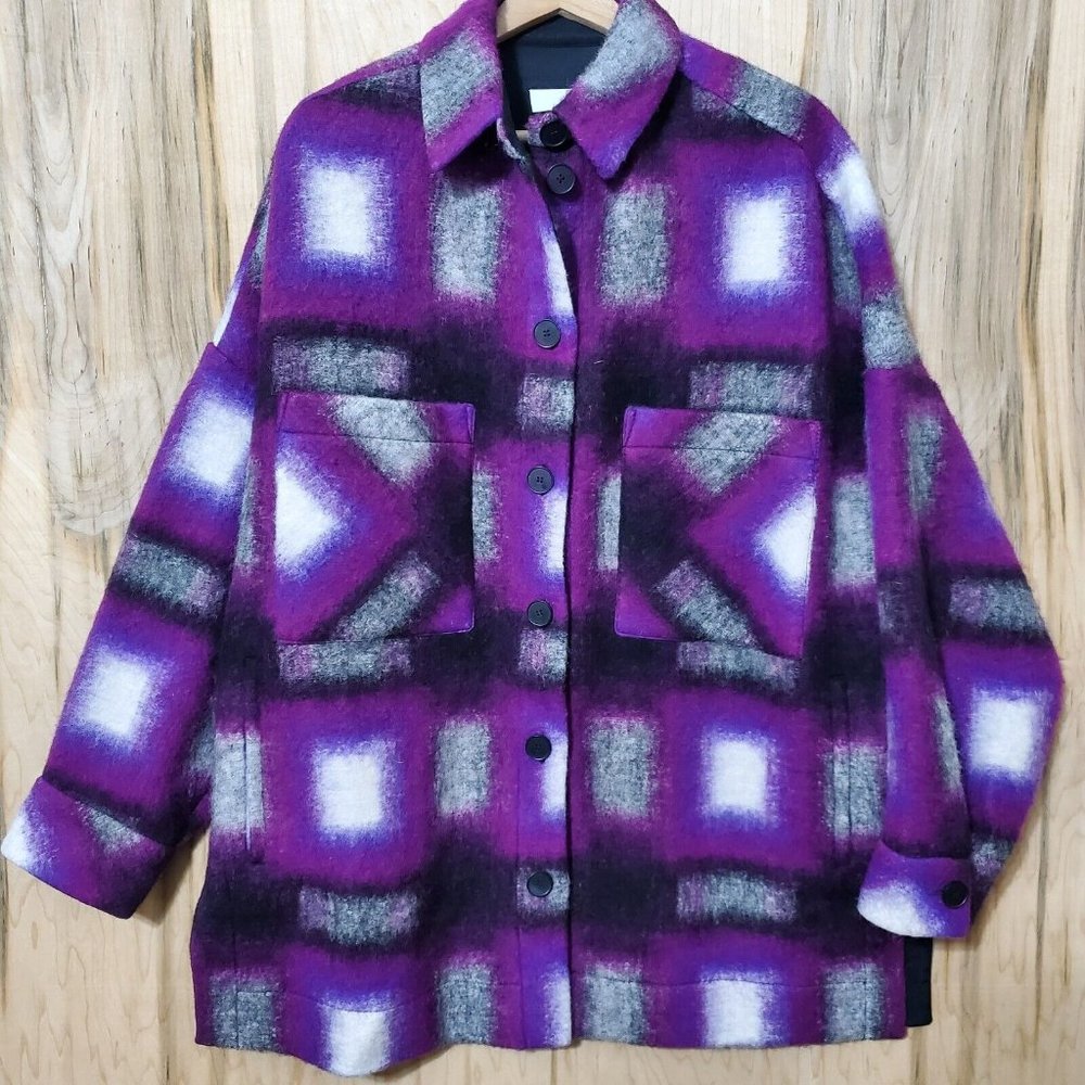 IRO Paris Harwel Wmns Purple Plaid Wool Blend Oversized Shirt Jacket Sz 38/6 Nwt